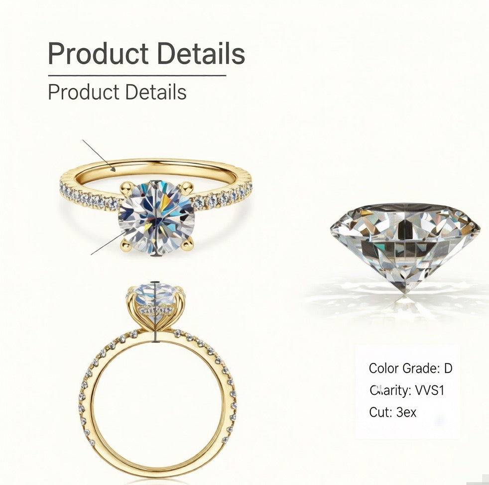 2 Carat Moissanite Ring for Women D Color VVS1 3EX Round Cut 925 Sterling Silver Micro Pave Engagement Ring | Quiet Luxury Jewelry Gift for Her