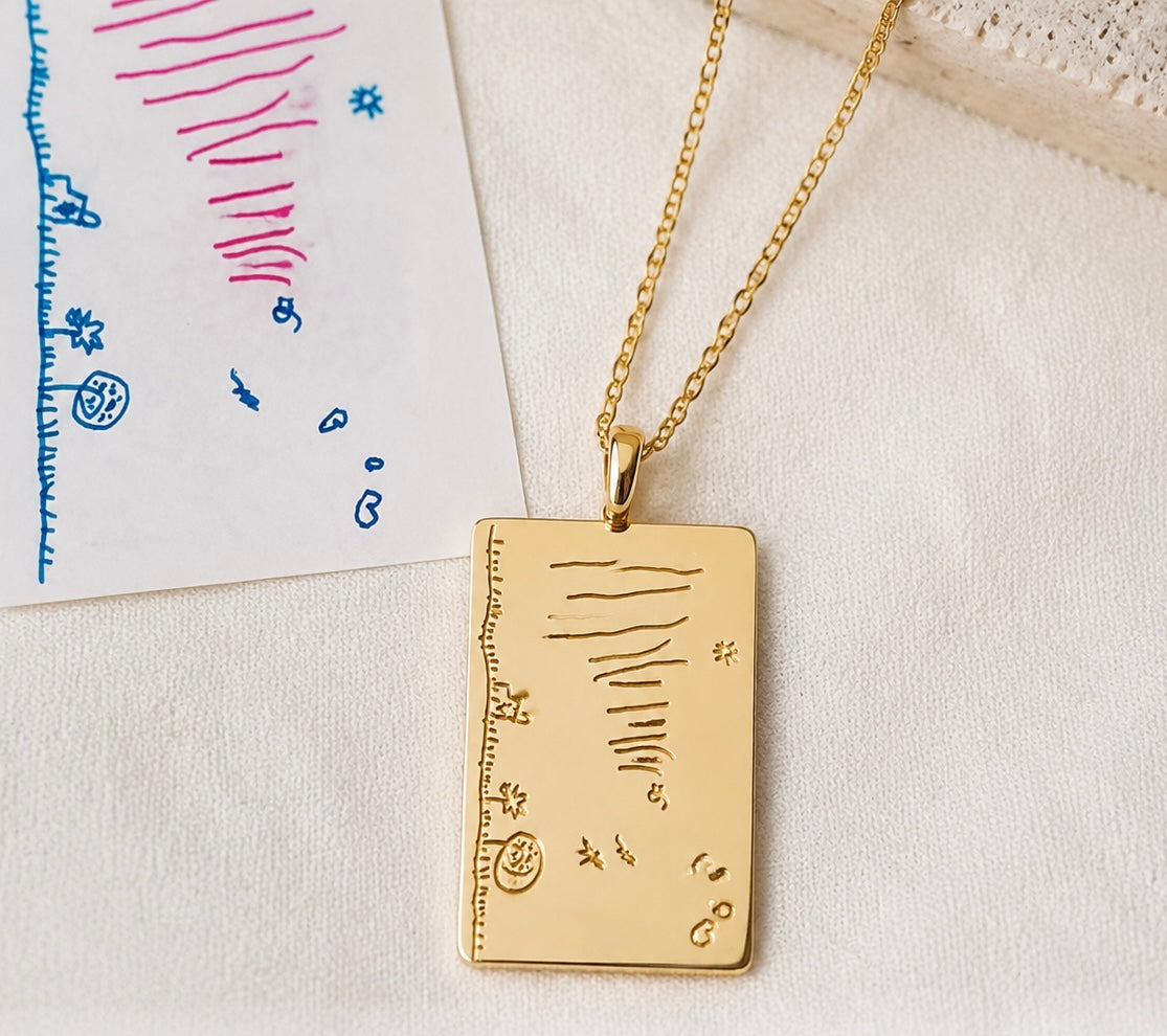 Kids Artwork Necklace for Mom | Personalized Child Drawing Pendant Keepsake | Custom Mother Gift Jewelry in 18K Gold, S925 Silver & Solid Gold
