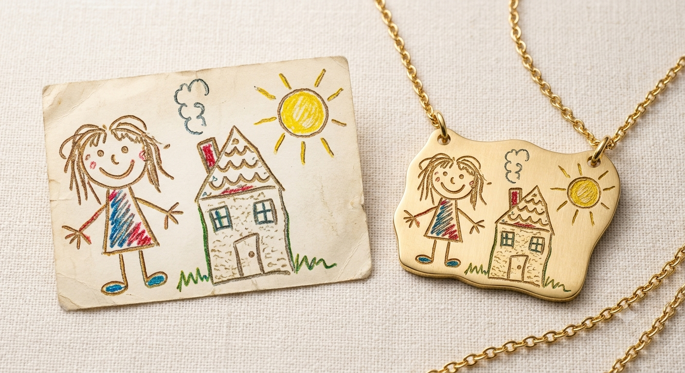 Kids Artwork Necklace for Mom | Personalized Child Drawing Pendant Keepsake | Custom Mother Gift Jewelry in 18K Gold, S925 Silver & Solid Gold
