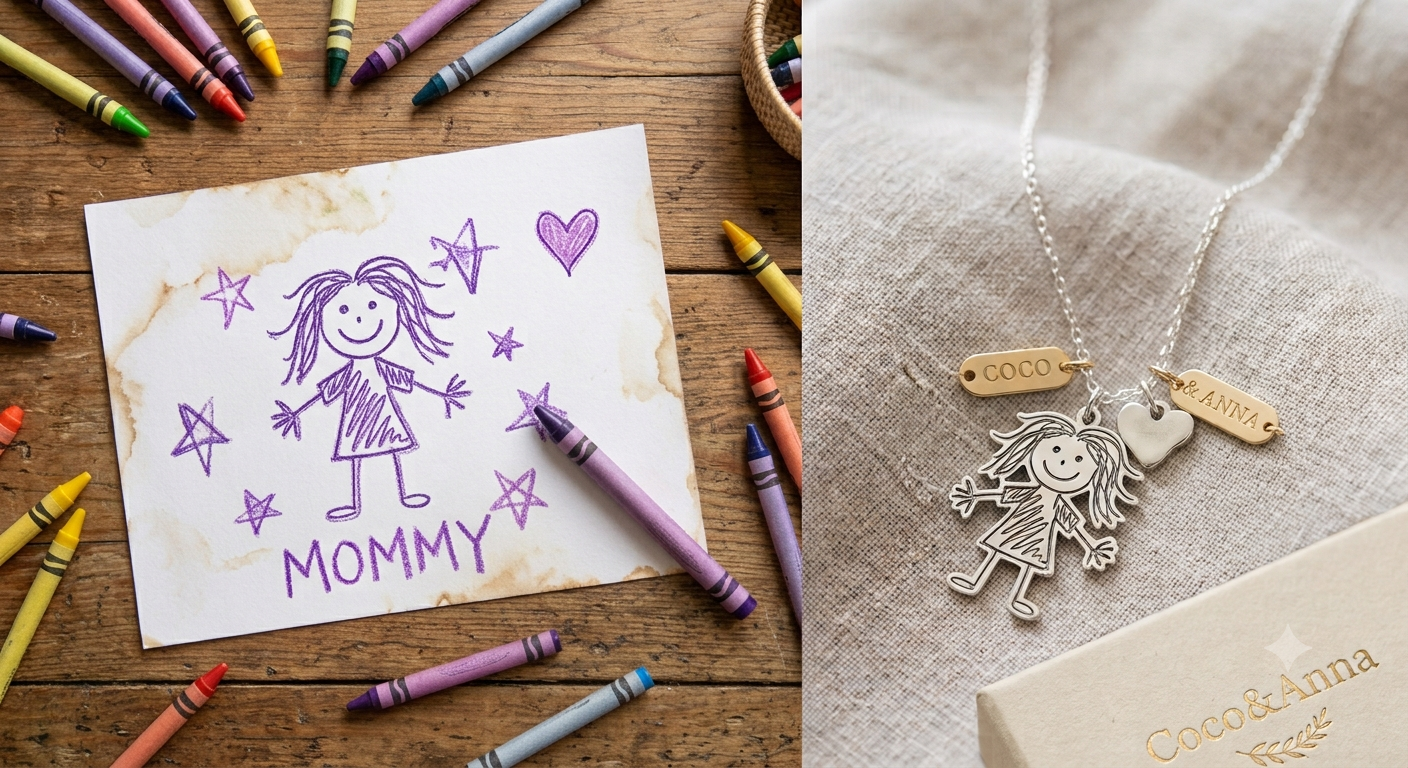Kids Artwork Necklace for Mom | Personalized Child Drawing Pendant Keepsake | Custom Mother Gift Jewelry in 18K Gold, S925 Silver & Solid Gold