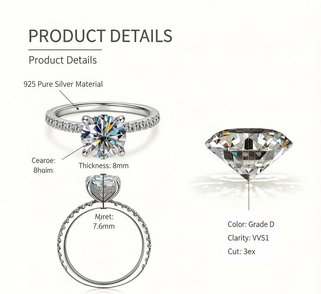 2 Carat Moissanite Ring for Women D Color VVS1 3EX Round Cut 925 Sterling Silver Micro Pave Engagement Ring | Quiet Luxury Jewelry Gift for Her