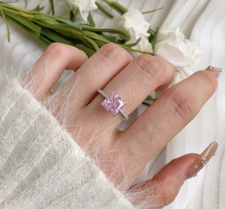 Coco zircon Engagement Pink Ring Plated Sterling Silver 3ct Princess Cut