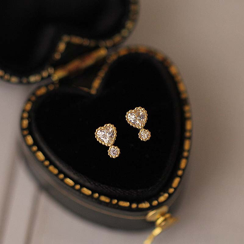 9K Solid Gold Heart Stud Earrings with Cubic Zirconia, Mom Gift
