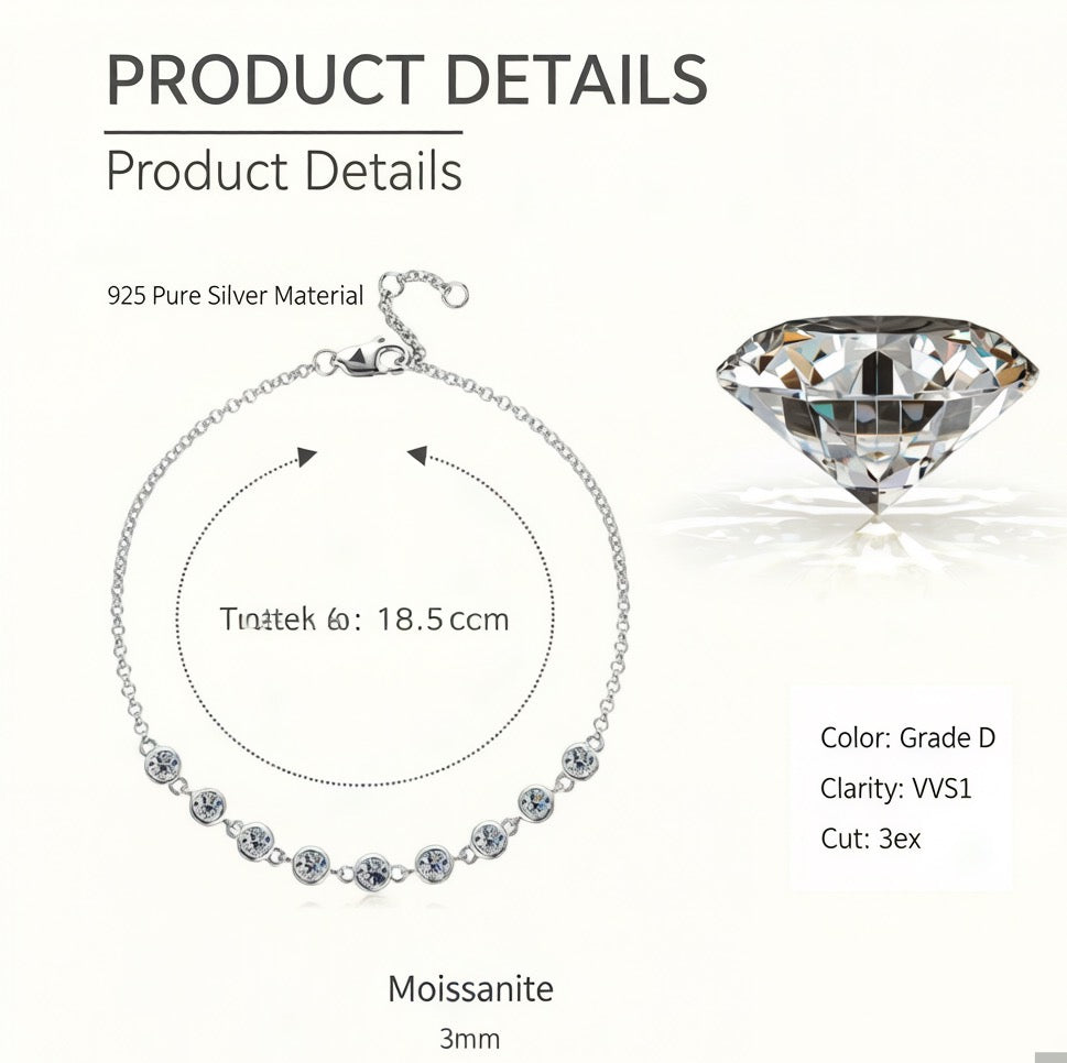 Personalized Moissanite Bracelet for Her, 925 Sterling Silver 3mm D VVS1 3EX, Custom Engravable & Adjustable Chain