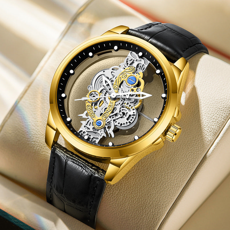 Luxury Men Watches Leather Silver Gold Brand Waterproof Automatic Mechanical Wristwatch Y2K Black Diamond-look like