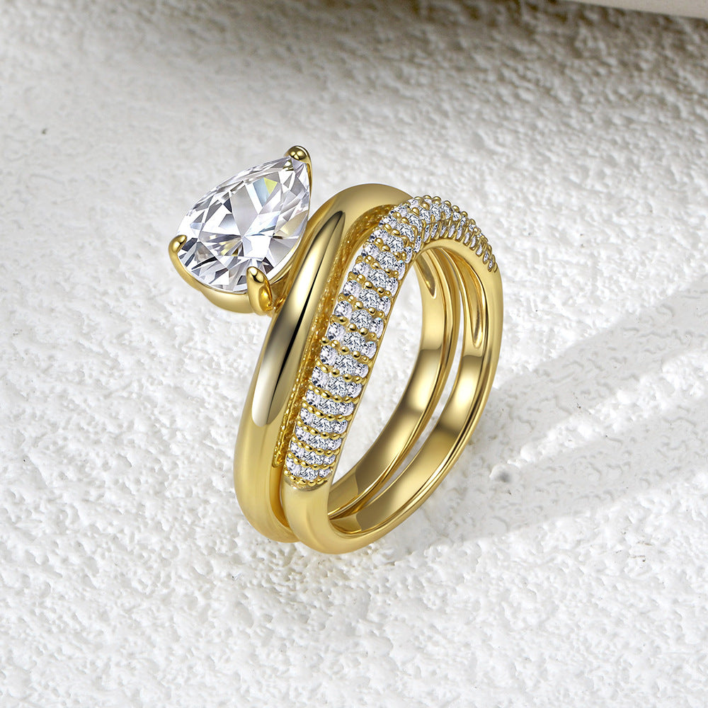 S925 Sterling Silver Pear-Shaped Zircon Ring Set for Mom, Elegant Stackable Jewelry GiftCarat Moissanite Ring for Women, GRA Certified, 925 Sterling Silver（副本）