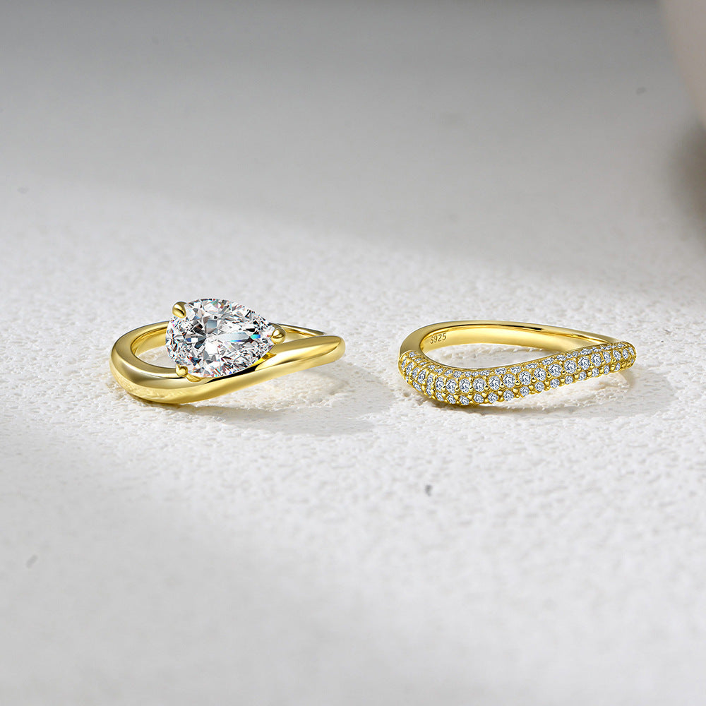 S925 Sterling Silver Pear-Shaped Zircon Ring Set for Mom, Elegant Stackable Jewelry GiftCarat Moissanite Ring for Women, GRA Certified, 925 Sterling Silver（副本）