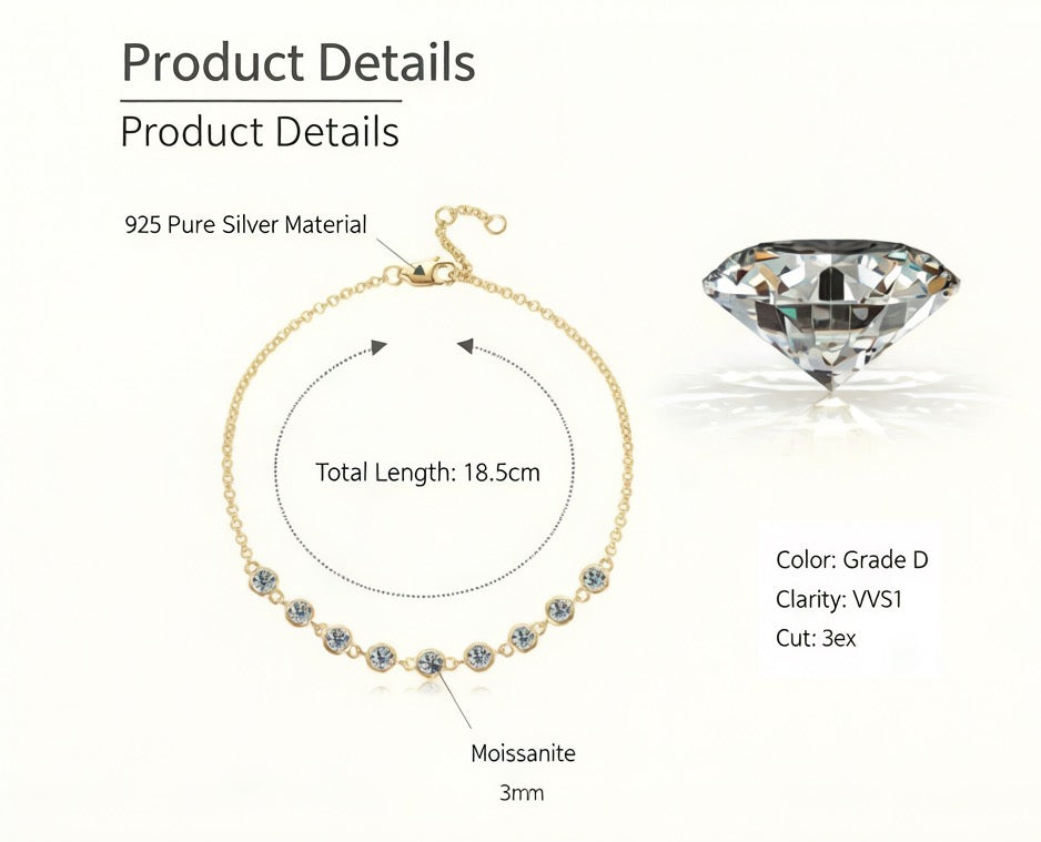 Personalized Moissanite Bracelet for Her, 925 Sterling Silver 3mm D VVS1 3EX, Custom Engravable & Adjustable Chain