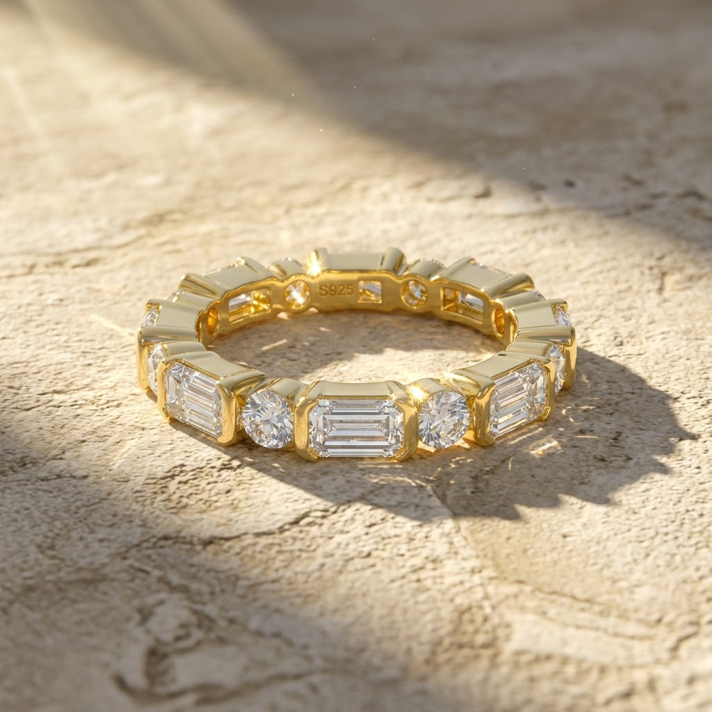 Round & Princess Cut Moissanite Ring for Mom | 925 Sterling Silver 18K Gold Plated Mother’s Gift Stackable Band