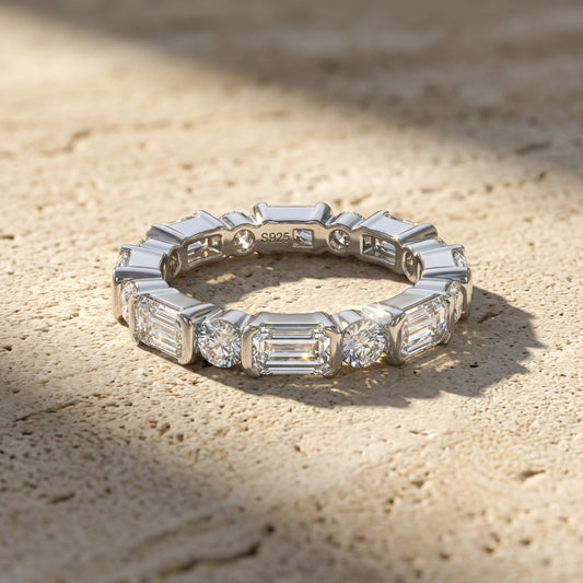 Round & Princess Cut Moissanite Ring for Mom | 925 Sterling Silver 18K Gold Plated Mother’s Gift Stackable Band