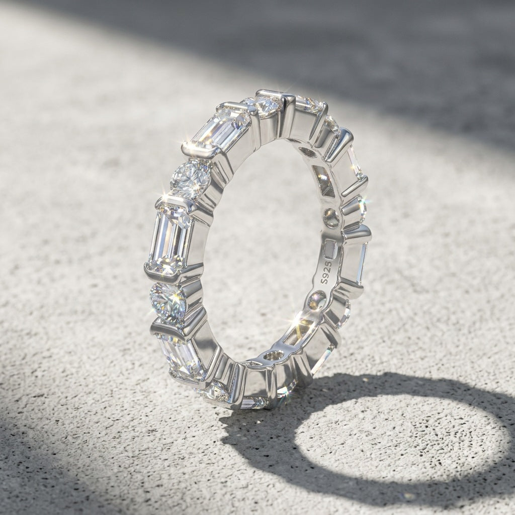 Round & Princess Cut Moissanite Ring for Mom | 925 Sterling Silver 18K Gold Plated Mother’s Gift Stackable Band